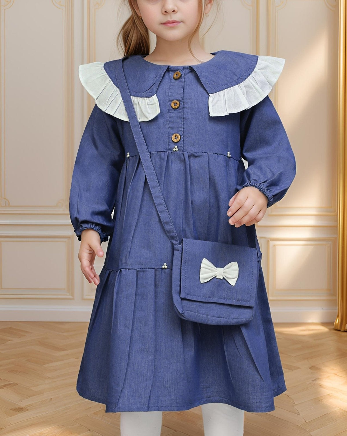 GIRLS DENIM TIERED DRESS WITH BAG - Polkadots - 13816PD - 219189 - GIRLS DENIM TIERED DRESS WITH BAG