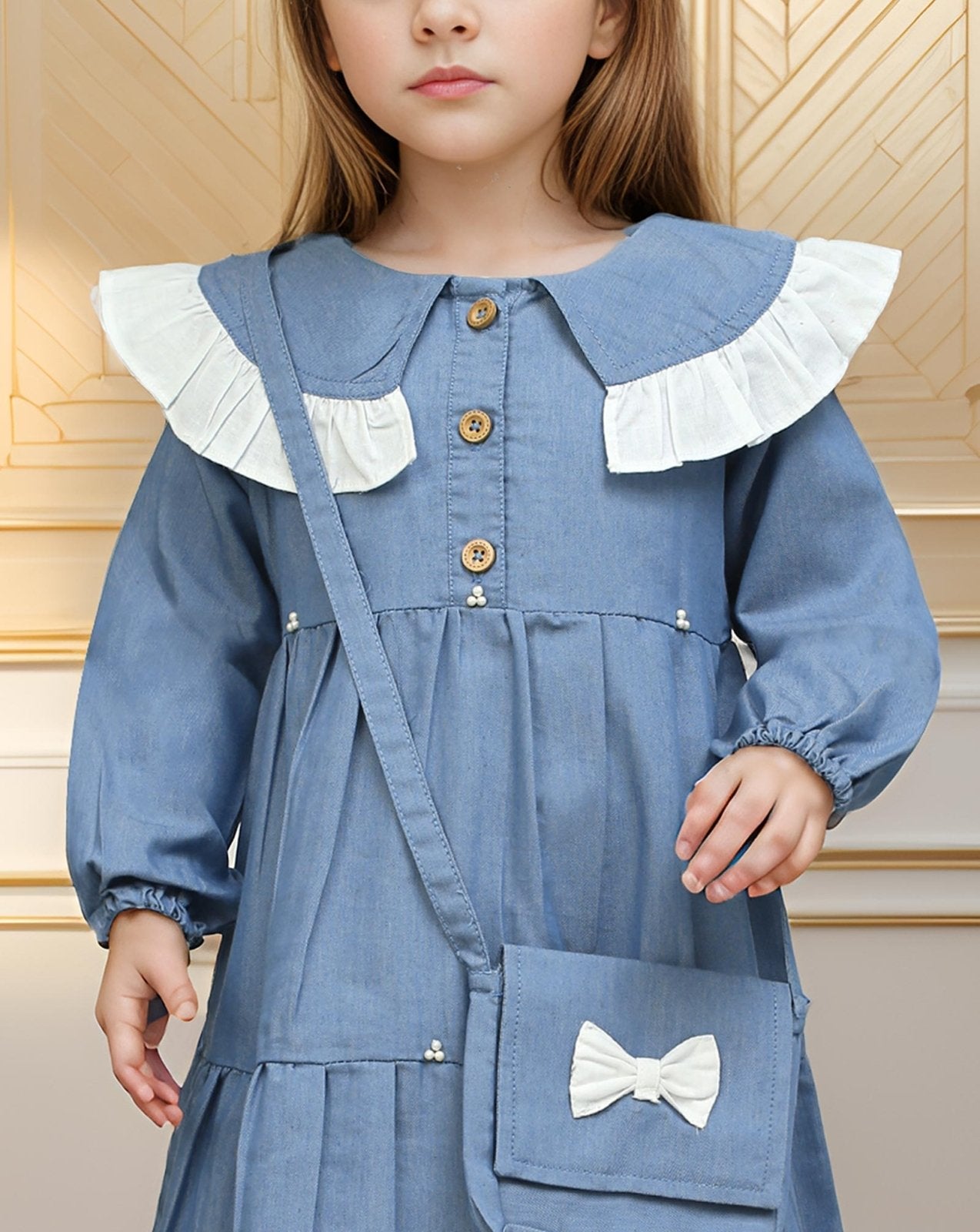 GIRLS DENIM TIERED DRESS WITH BAG - Polkadots - 13816PD - 219189 - GIRLS DENIM TIERED DRESS WITH BAG