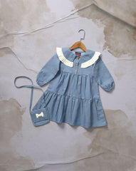 GIRLS DENIM TIERED DRESS WITH BAG - Polkadots - 13816PD - 219189 - GIRLS DENIM TIERED DRESS WITH BAG