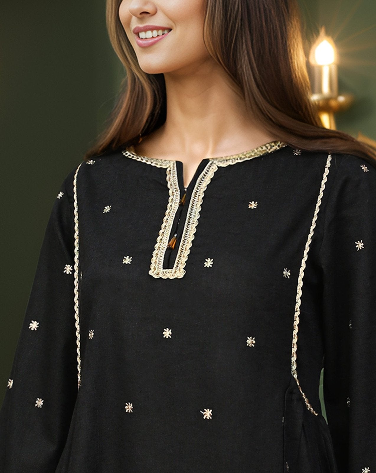 KHADDAR EMBROIDERED KURTI - Polkadots - 11549AY - 085417 - KHADDAR EMBROIDERED KURTI