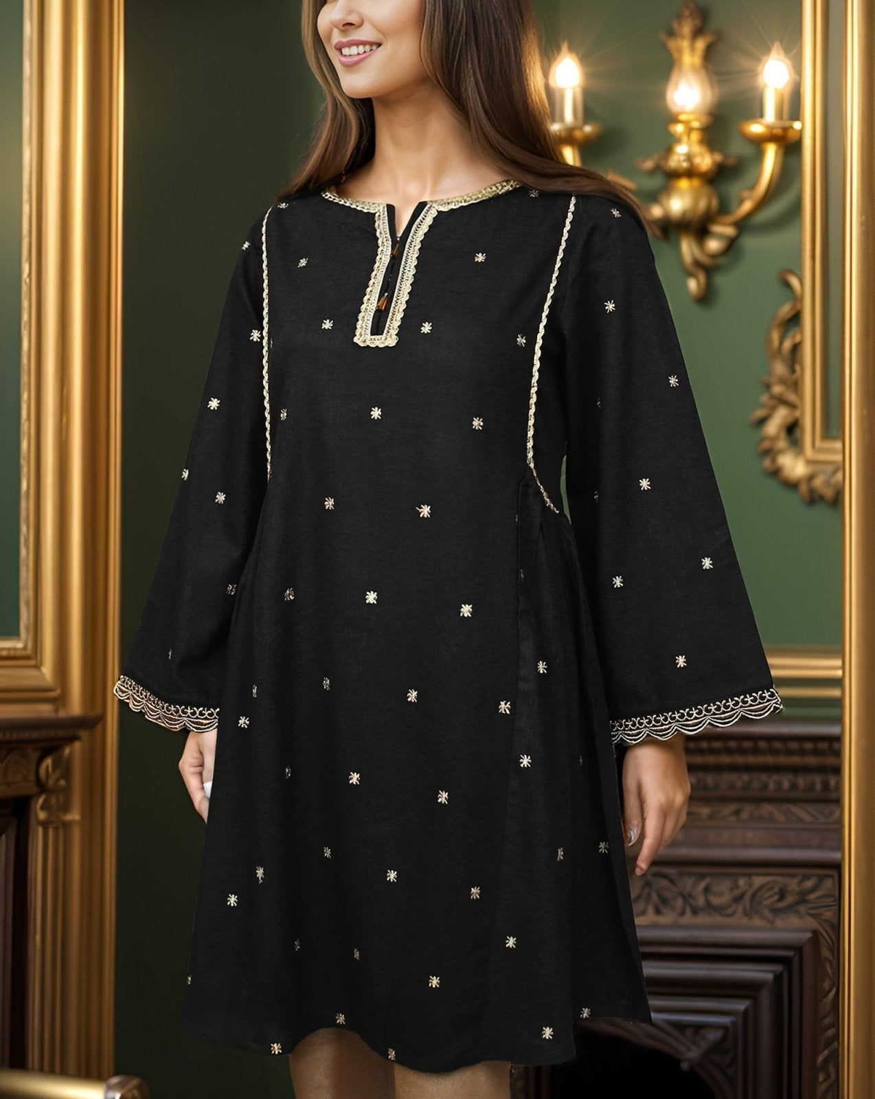 KHADDAR EMBROIDERED KURTI - Polkadots - 11549AY - 085417 - KHADDAR EMBROIDERED KURTI